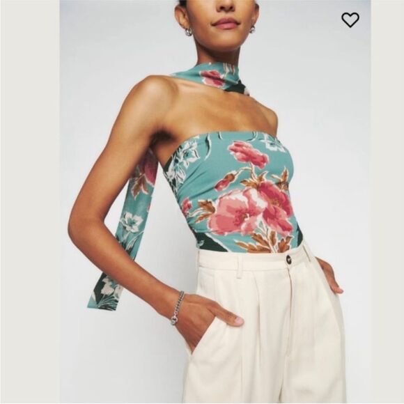 Reformation Lennon Top Paloma Floral Strapless Top - Green and Pink size 12 - Picture 2 of 5